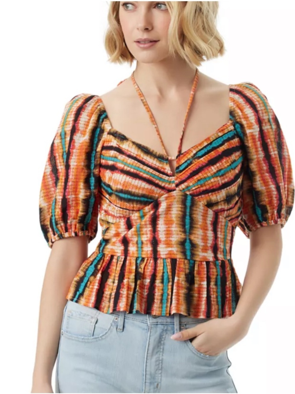 Jessica Simpson Women's Puff Sleeve Tie Neck Ruffle Hem Rust
Green Striped Top L